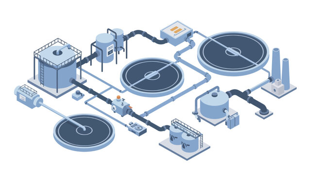 Isometric wastewater treatment plant with purification process.
