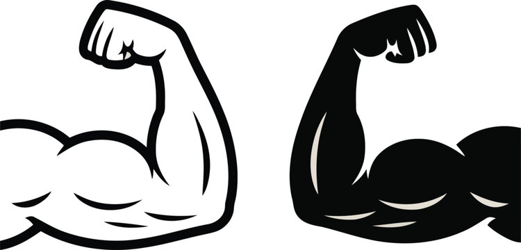 Muscular bicep flex illustration set black and white vector graphics for fitness and strength concepts