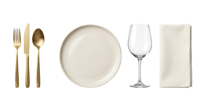 Classic table setting mockup with gold cutlery and plate, isolated on transparent background