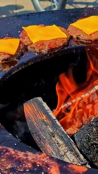 Cheeseburger patties grilling over open flame with melting cheese on hot griddle, vertical pan