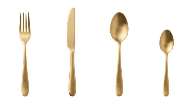 Elegant gold flatware cutlery set, isolated on transparent background