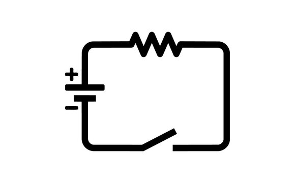Minimalist black and white electrical circuit diagram with resistor and switch on plain background illustrating basic electronic components and circuitry in a simple style