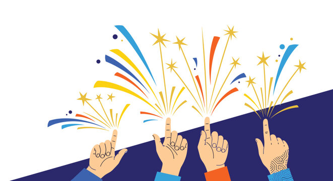 Four hands pointing upwards with colorful celebratory fireworks and stars bursting from their fingertips on a dark background.
