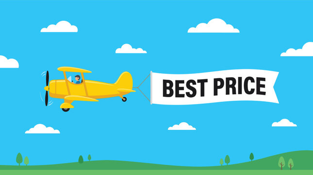 Yellow airplane flying with best price banner in the sky with clouds