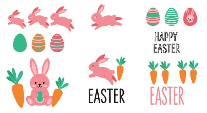 Collection of cute easter themed elements featuring pink rabbits jumping carrots decorated eggs and greeting text for holiday design.