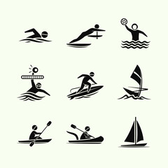 Obraz premium Water Sports Icons Set: Swimming, Surfing, Sailing, Kayaking, and More
