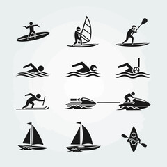 Obraz premium Water Sports Icons: Surfing, Sailing, Water Skiing, Swimming, and Kayaking