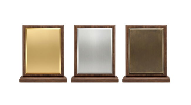 Blank wooden award plaques with metal plates, isolated on transparent background
