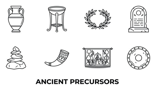 Ancient precursors including amphora tripod laurel wreath tombstone rock cairn horn tapestry shield illustration.
