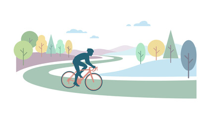 Fototapeta premium Cyclist riding scenic path through calming park, flat design illustration