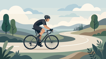Fototapeta premium Cyclist riding bike on winding road through scenic landscape vector illustration