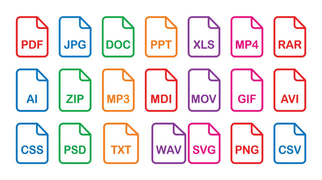 Colorful file type icons for various document formats