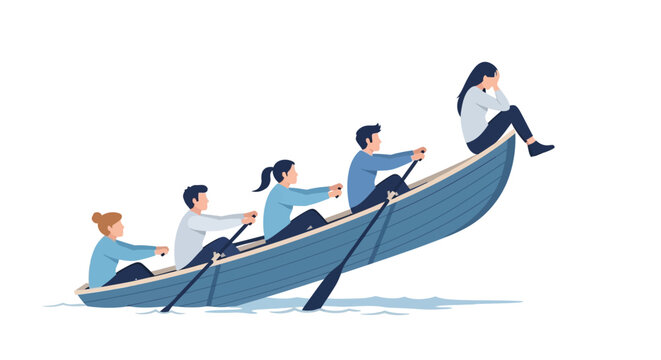 Teamwork Rowing Boat with Stressed Person Isolated on White Background