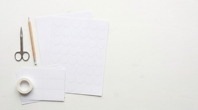 Sticker sheets, pencil, scissors, tape on white wooden desk for labeling.