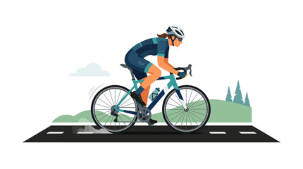 Naklejka premium Cyclist on Road Bike: Active Woman Riding into Distance, Nature