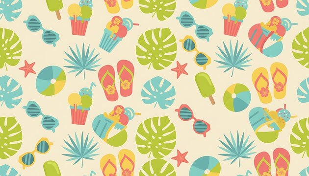 Colorful Summer Beach Pattern with Sunglasses Flip Flops and Ice Cream