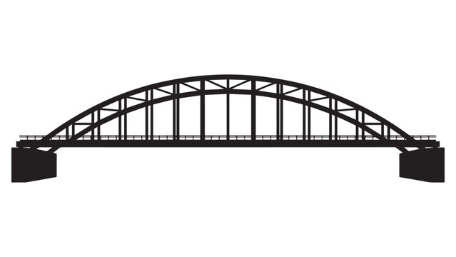 Large industrial steel arch bridge silhouette framework over massive concrete base pillars