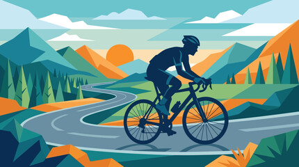 Fototapeta premium Cyclist riding bike on mountain road, colorful nature landscape