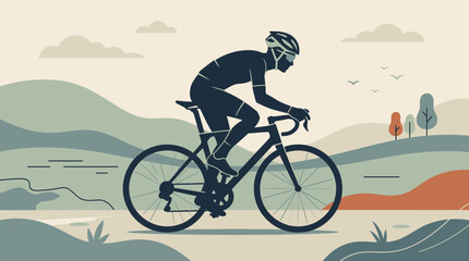 Fototapeta premium Cyclist riding bike on hilly road graphic