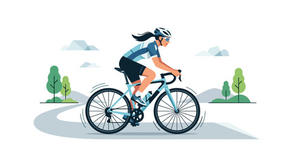 Fototapeta premium Cyclist riding bike on road, cartoon illustration, activity