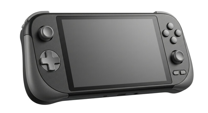 Modern grey handheld video game console, isolated on transparent background