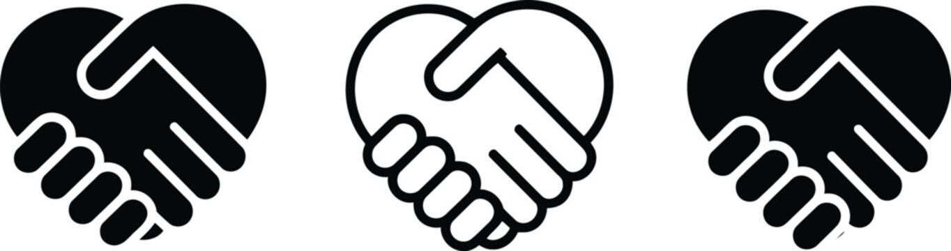 Heart shaped handshake icons partnership agreement and collaboration symbolism in black and white