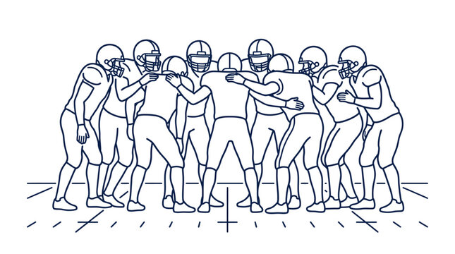 Football players huddling on the field strategizing