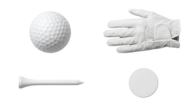 White golf ball glove tee and marker set, isolated on transparent background