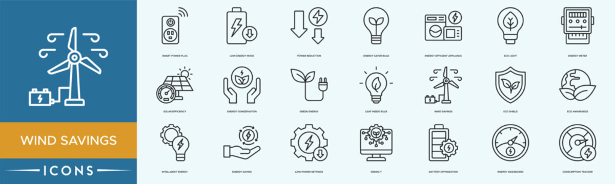 Wind Savings icon set. Consumption Tracker, Low Power Settings, Green IT, Intelligent Energy and Battery Optimization