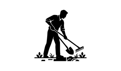 Fototapeta premium Gardener Man Raking Ground Silhouette Icon with Garden Rake and Grass Symbol for Farming, Landscaping, and Outdoor Work Designs