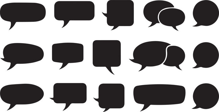 Collection of black speech bubble shapes for chat and communication on transparent background.