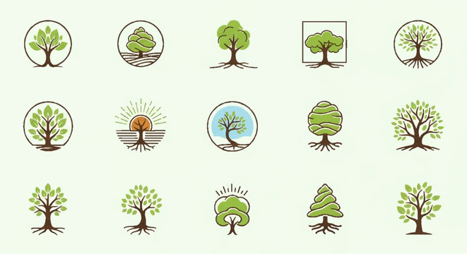 A comprehensive collection of artistic tree logo designs and abstract nature icons, symbolizing ecological balance, sustainable development, and organic growth, ideal for branding