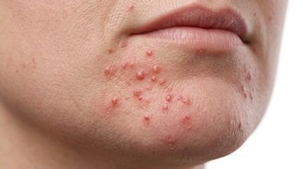 Fototapeta premium Inflamed acne breakout on chin and lower face of a woman with red cystic pimples and pustules on Caucasian skin texture Dermatological skin condition showing severe hormonal acne and blemishes