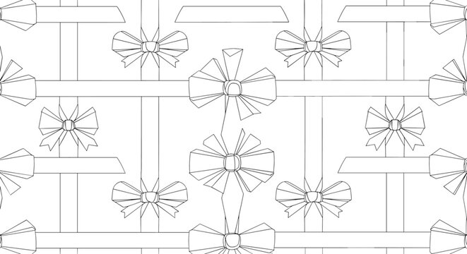 Technical drawing style pattern showing various types of gift bows and ribbons as a repeating blueprint background design.
