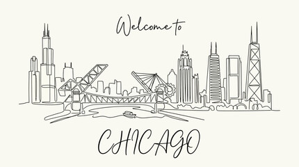 Obraz premium Chicago Skyline Illustration, Welcome Message, Urban Cityscape Design