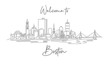Naklejka premium Boston Cityscape Outline Illustration, Welcome Sign, Sketch Design