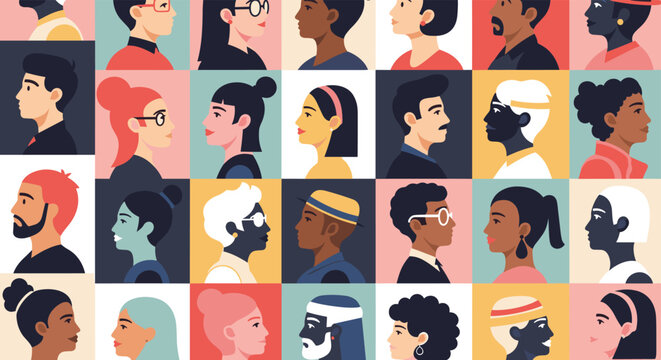 Colorful grid of diverse human profile portraits showing men and women of different ethnicities and styles for community and unity.