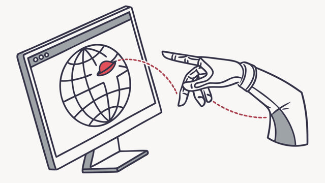 Robotic hand pointing at UFO on globe screen representing technology