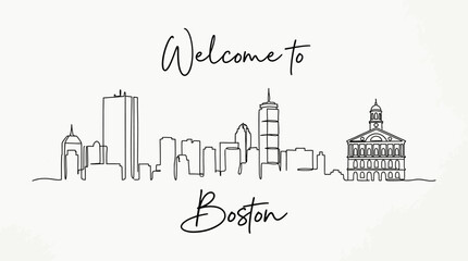 Naklejka premium Boston Skyline Line Art Illustration - Cityscape Design