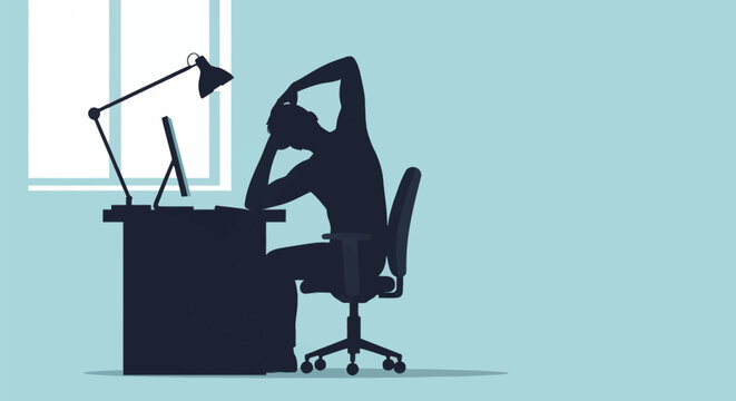 Silhouette of a man sitting at a desk with a computer monitor and lamp, performing a neck stretch to relieve tension while working in a minimalist office with a window view.