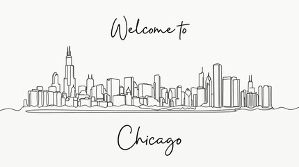 Fototapeta premium Chicago City Skyline Line Art Illustration - Welcome Cityscape