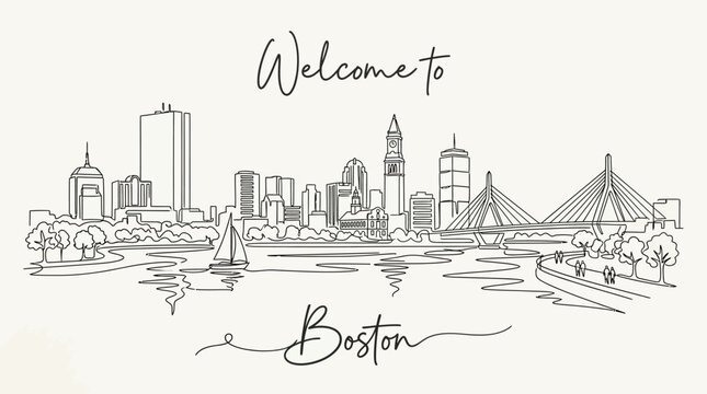 Boston Skyline Sketch: Architectural Cityscape, Line Art, Welcome Greetings