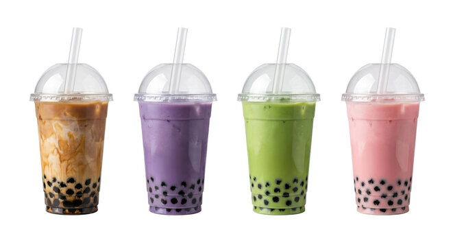 Assorted bubble milk tea flavors in plastic cups, isolated on transparent background