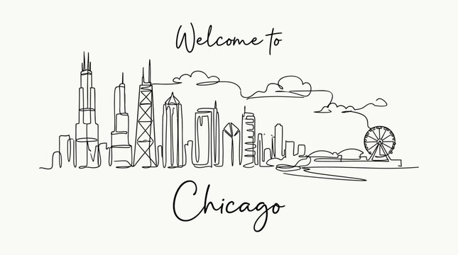 Chicago City Skyline Line Art Illustration