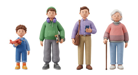 3D stylized cartoon characters showing human life stages, isolated on transparent background
