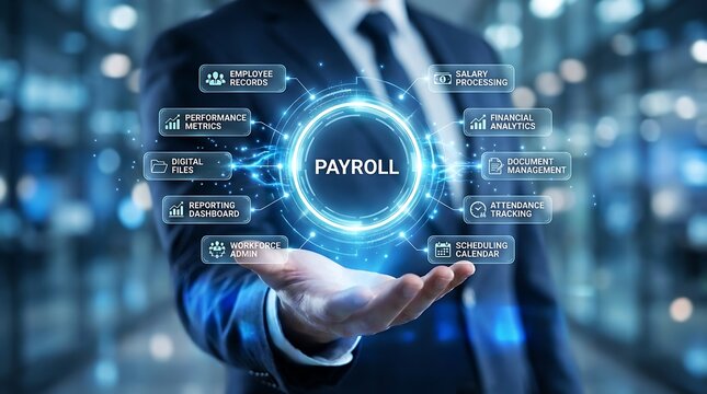 Businessman displays integrated payroll system with employee records, salary processing, and financial analytics visualized digitally.