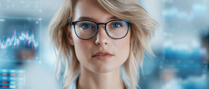 Woman blonde eyeglasses blue eye office technology professional focus data confident woman blonde eyeglasses blue eye office technology