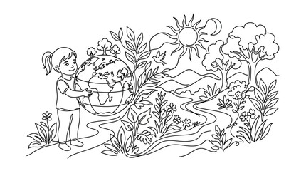 Fototapeta premium Earth protection sketch, girl hugging globe in nature