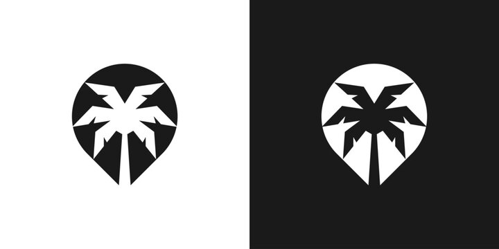 A creative combination palm tree and location pin logo. tropical island pointer logo vector icon symbol