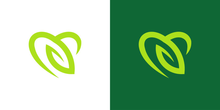 A creative Nature love logo - heart and green leaf symbol. health and herbal medicine vector icon symbol